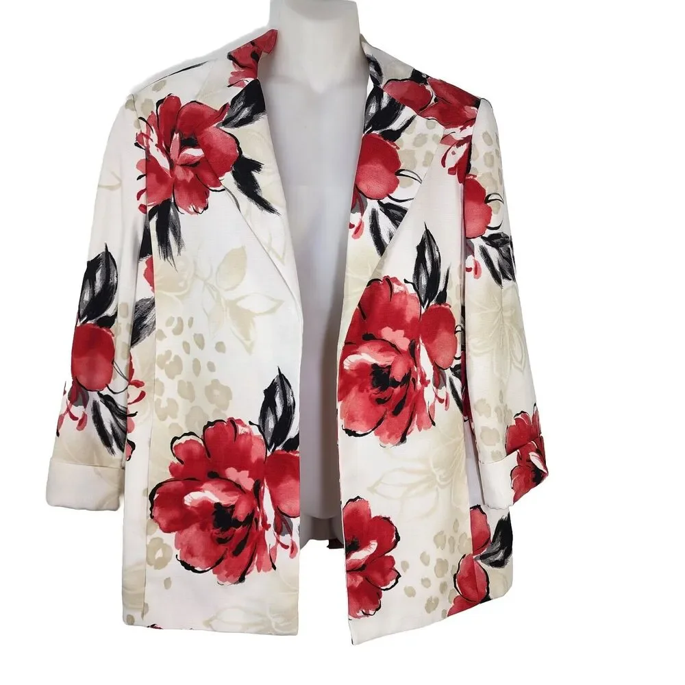 Alfred Dunner Women’s Blazer Size 12 3/4 Sleeve Floral Open Front Pockets Lined